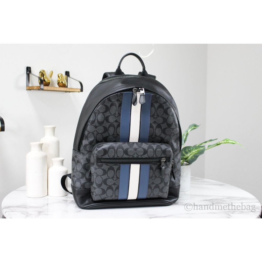 NWT Coach Men's West Signature Denim Chalk Varsity Stripe Coated Canvas Backpack - Picture 1 of 11